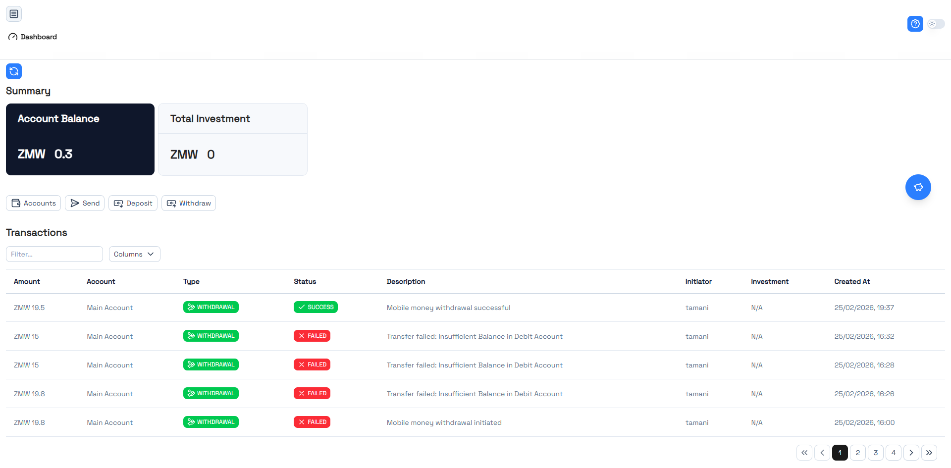 Shanga dashboard showing account balance, total investment, and transactions